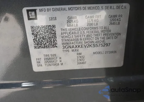 2019 Chevrolet Equinox Lt z USA, uszkodzony, nr VIN 3GNAXKEV2KS575297